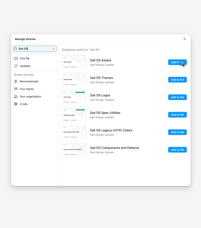 Screenshot of clicking Add to file button of Salt DS Assets library on Manage libraries panel
